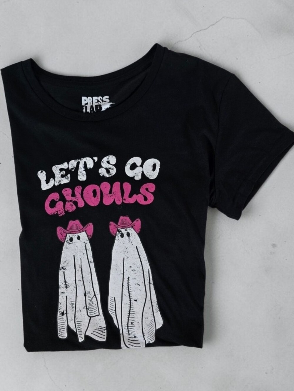 Press Lab Womens Sz Medium Cutesy Halloween LET GO GHOULS Western Ghost T-Shirt